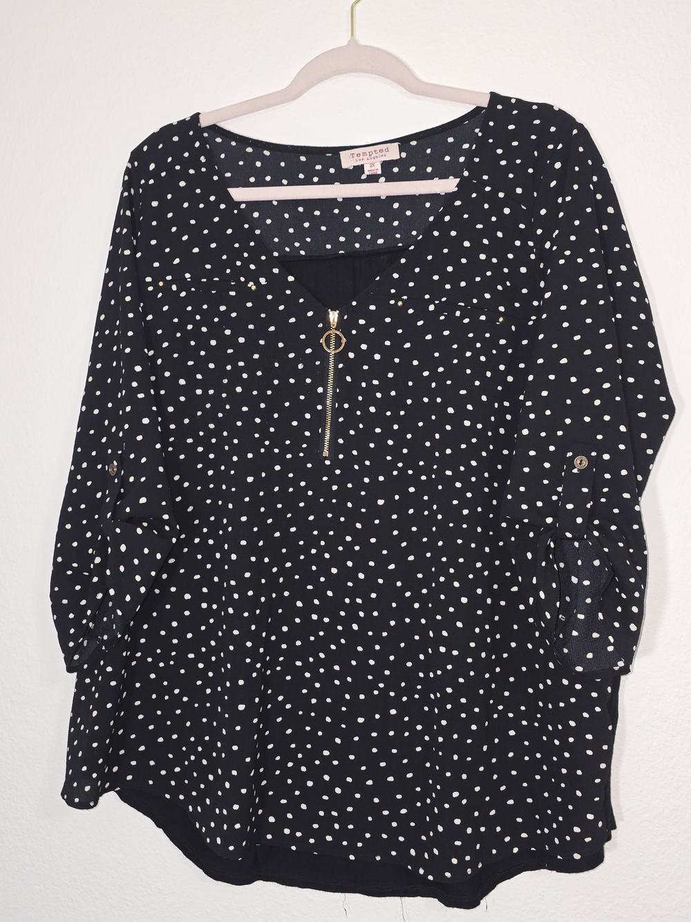 Tempted Black Polka Dot Zip-Front Blouse